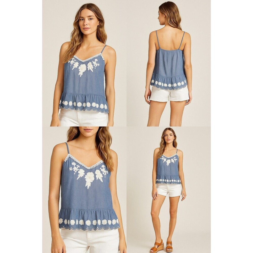 Chelsea & Violet Blue Embroidered Floral Ruffle Cami Tank Top M Adjustable...